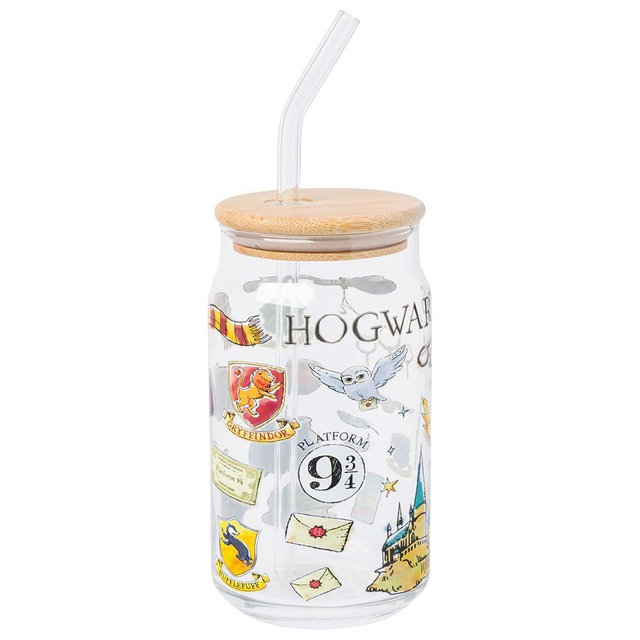 Silver Buffalo Harry Potter Hogwarts Platform 9 3/4 Gryffindor Hedwig Glass Jar Tumbler with Bamboo Lid and Glass Straw, 16 Ounces
