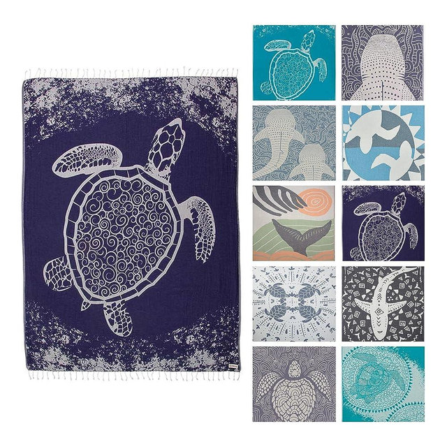 Sand Cloud Large Turkish Beach Towel - Sand Free - 100% Organic Turkish Cotton Yarn - Quick Dry Towel for Beach, Picnic, Blanket or Bath - As Seen on Shark Tank - Marine Life (Navy Crush Turtle)
