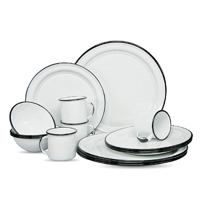 Cinsa 16 Piece. Enameled Dinnerware Camping /Outdoor Set for 4 (White) Includes Plates, bowls and cups. Lightweight, heat resistant, easy to clean,diswasher safe.