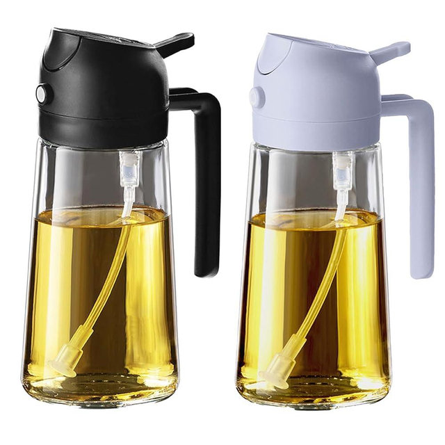 TrendPlain 16oz/470ml Glass Olive Oil Sprayer for Cooking – 2 in 1 Olive Oil Dispenser Bottle for Kitchen Gadgets and Air Fryer Accessories, Salad, BBQ - Black & Periwinkle