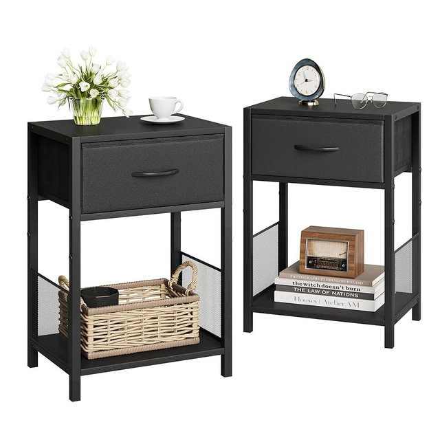 YAUKOMEL Black Nightstand Set of 2,End Table with Fabric Drawer,Side Table Set of 2,Storage Shelf,Bedside Table with Open Shelf,Sofa Table for Living Room,Bedroom,Small Space Black CTG70BK-2