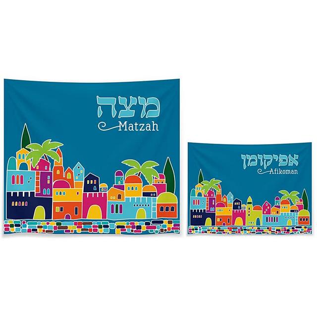 Matzah Cover & Afikoman Bag Set For Passover - Satin Blue Matzo Set
