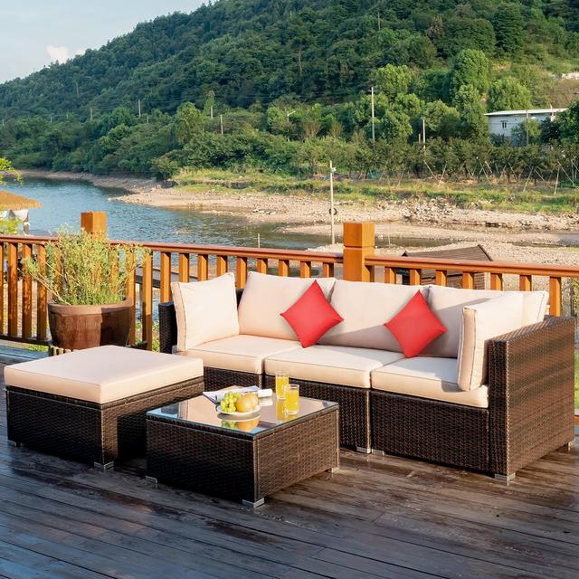 Costway 5PCS Outdoor Patio Rattan Furniture Set Sectional Conversation Beige Cushion