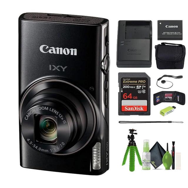 Canon IXY 650 Compact Digital Camera 12x Optical Zoom IXY650 (Black) Bundle with 64GB Memory Card + Camara Bag + Card Reader + Vlogging Tripod + Cleaning Kit and More