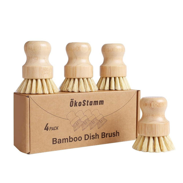 ÖkoStamm 4 Pack Bamboo Dish Brush, Natural Dish Scrubber with Sisal Bristle, Scrub Brush for Kitchen Cleaning Dishes, Pots, Pans, Bottles, Vegetables