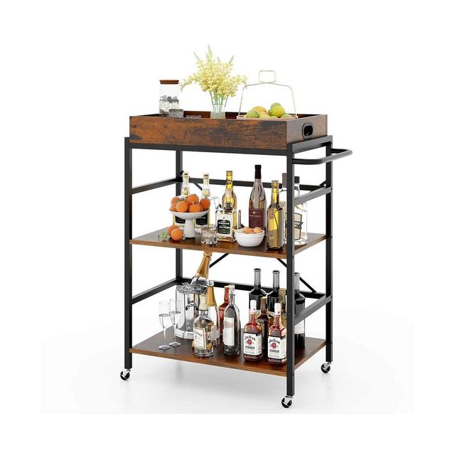 Costway 3-Tier Bar Cart with Detachable Tray 4 Lockable Casters & 1 Handy Handle