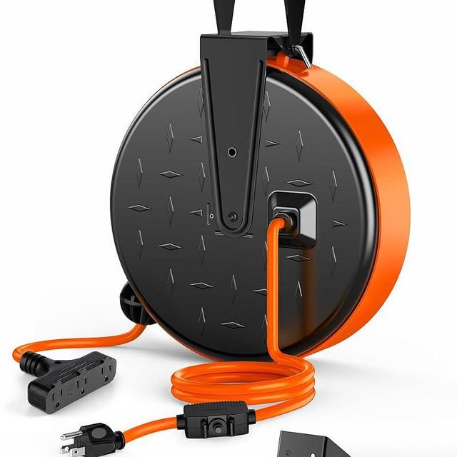 DEWENWILS 30FT Extension Cord Reel, 16/3 Gauge SJTW Power Cord, Retractable Cord Reel with 3 Outlets, Ceiling/Wall Mount for Garage, Workshop, 10A Circuit Breaker, Metal Plate, UL Listed, Orange
