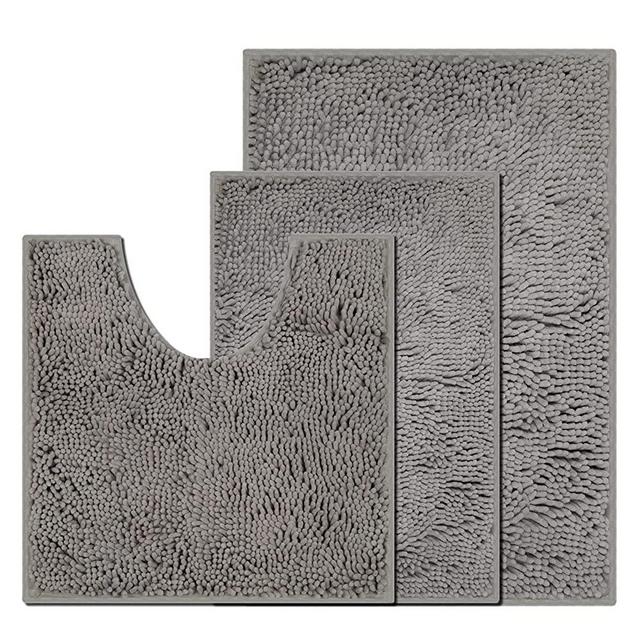 Gray Bathroom Rugs Sets 3 Piece Bath Rug Set Chenille Bath Rugs for Bathroom with Soft Plush and PVC Backing Water Absorbent Carpet 1'' Quick Dry Microfiber Toilet Mat