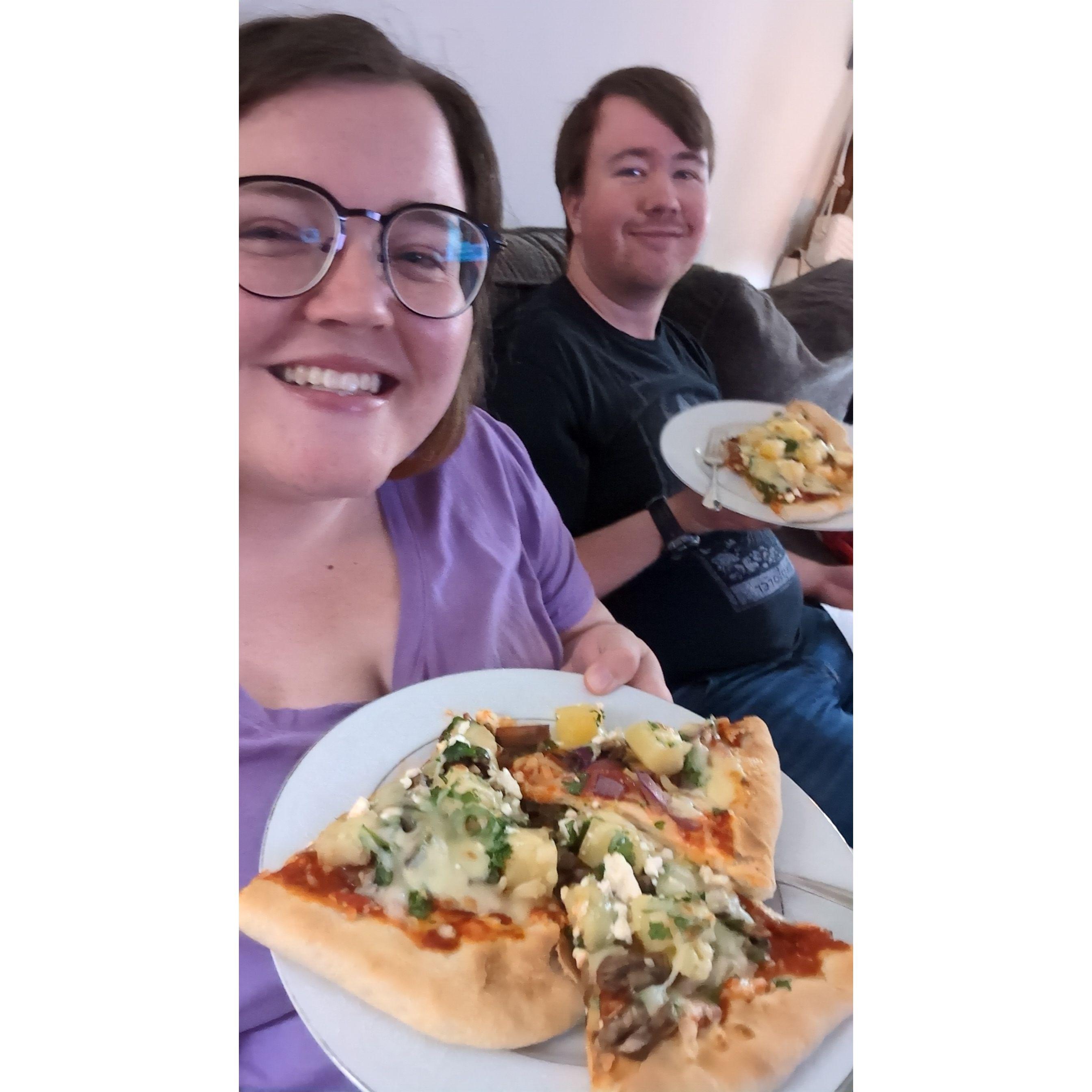The Thanksgiving we both had Covid, so we stayed home from our families' celebrations and made pizza together.
