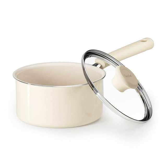 Redchef Ceramic Nonstick Saucepan with Lid, 1.5QT Small Cooking Pot, Non Toxic Sauce Pans for Kitchen, Cool Handle PFAS Free Compatible with All Cooktops, White