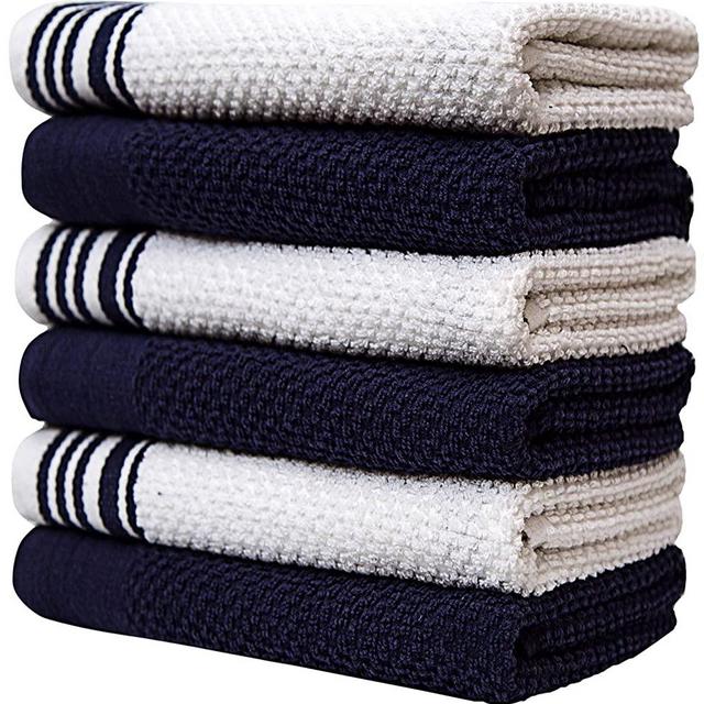 Premium Kitchen Towels (16”x 28”, 6 Pack) – Large Cotton Kitchen Hand Towels – Weft Insert Design – 380 GSM Highly Absorbent Tea Towels Set with Hanging Loop (Navy Blue)