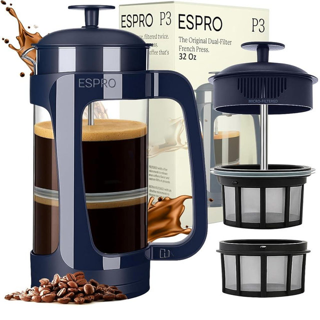 ESPRO P3 French Press Coffee Maker – Patented Double Micro-Filter for Grit-Free Brew, Heat Resistant Thicker Borosilicate Glass Coffee Press – Blue (32 oz)