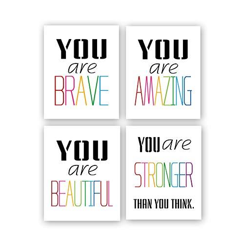 Typography Watercolor Words Inspirational Quote&Saying Modern Art Print Set of 4 (8”X10” Canvas Painting，Motivational Phrases Wall Art Poster for Nursery or Kids Room Home Decor，No Frame