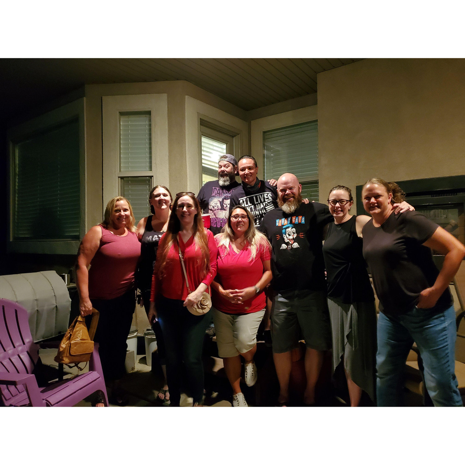 John's lifer friends that welcomed Christina in like an original (left to right: Denise, Christina, Holly, Tiffany, Chad, Stephanie, Joslyn; back row: John and Natalie)