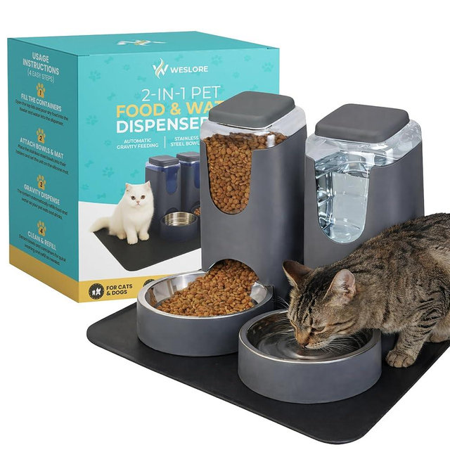 Weslore Automatic Cat Feeder 2.8L/4L Water Dispenser Set w/Tray Mat, Gravity Pet Feeder, Large Capacity Non-Spill Cat Water & Food Stainless Steel Bowls, Water Dispenser for Feeding Cats & Dog