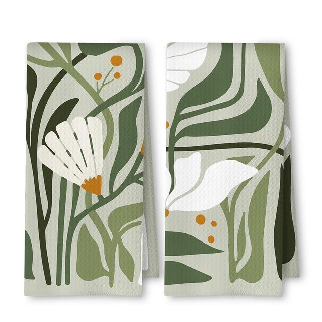 ArtisaEura Abstract Boho Sage Green Floral Kitchen Towels Set of 2, 70s Retro Groovy Boho Botanical Dish Tea Towels for Kitchen Decor, Mid Century Modern Hand Towels for Bathroom Decor, 16x24 Inch