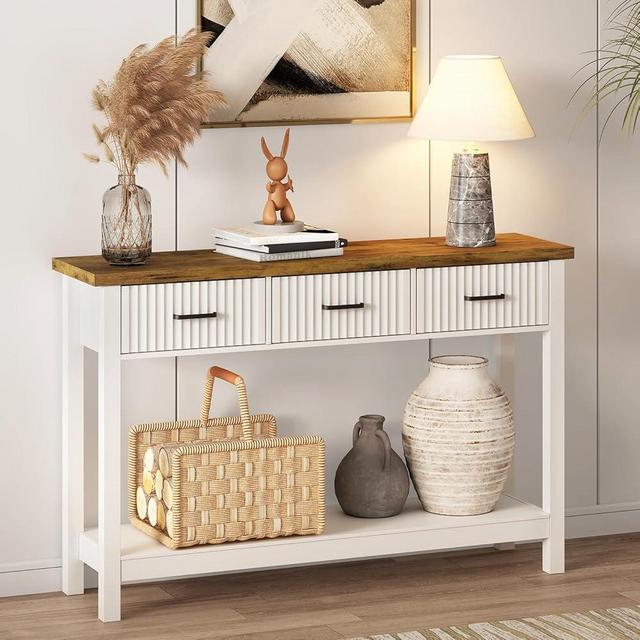 Console Table, Fluted Entryway Table with Drawer and Storage Shelf, Modern Hallway Accent Foyer Table for Living Room, Entrance (White)