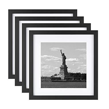 ONE WALL 11x11 Picture Frame Tempered Glass with Mats for 8x8 Photo, Set of 4, Black Wood Frame for Wall and Tabletop - Mounting Hardware Included
