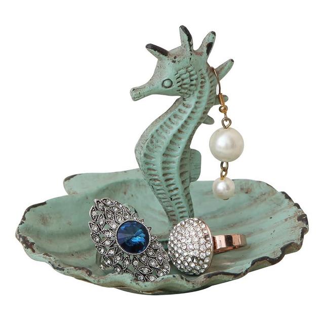 NIKKY HOME Jewelry Holder Seahorse with Shell Dish Decorative Hanging Jewelry Stand Display Vintage Ring Tray Shabby Chic Earring Necklace Metal Organizer Handmade Gift for Women Girl, Aqua Blue