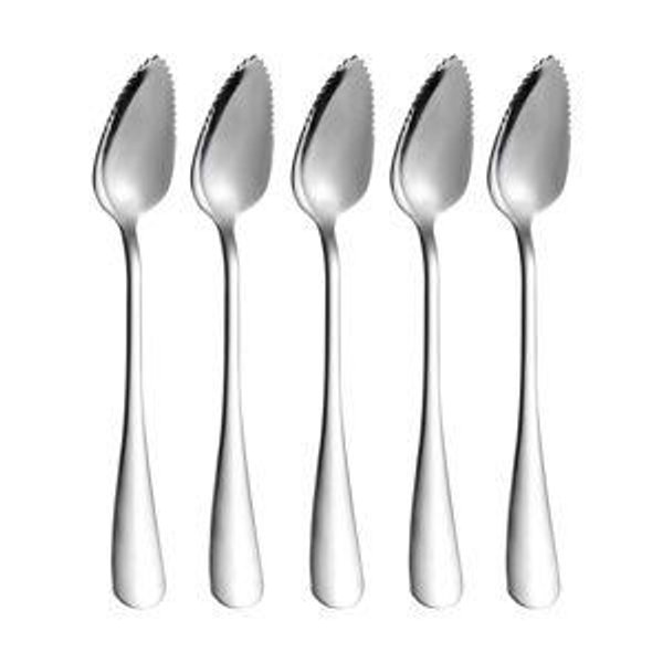 5 PCS Grapefruit Spoons, Stainless Steel Grapefruit Spoon Utensil Set, Serrated Edge & Thick Gauge Handle, Silver Kitchen Tool with Non-stick Plating for Kiwi, Dessert, Apple, Citrus Fruit