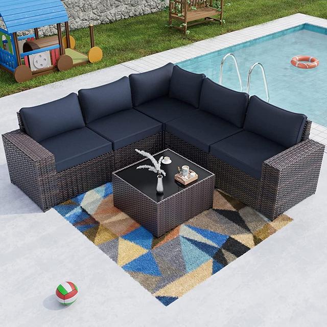 Kullavik Outdoor Patio Furniture Set 6 Pieces Sectional Rattan Sofa Set Brown PE Rattan Wicker Patio Conversation Set with 5 Navy Blue Seat Cushions and 1 Tempered Glass Table