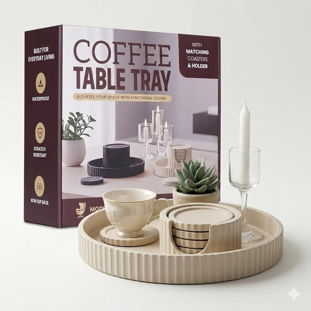 Decorative Coffee Table Ottoman Tray with Coasters | Modern Neutral Home Decor Accent | Console Table Decor | Kitchen Table Centrepiece | Luxury Apartment Decor | Decorative Centerpieces for Tables