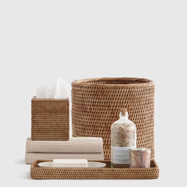 Handwoven Rattan Bathroom Accessory Set in Honey