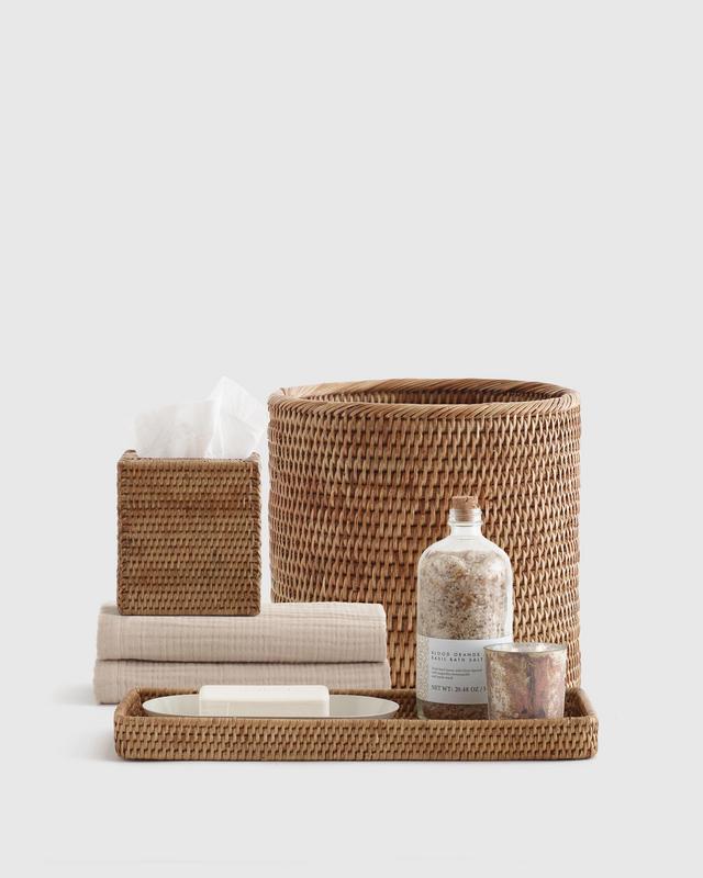 Handwoven Rattan Bathroom Accessory Set in Honey