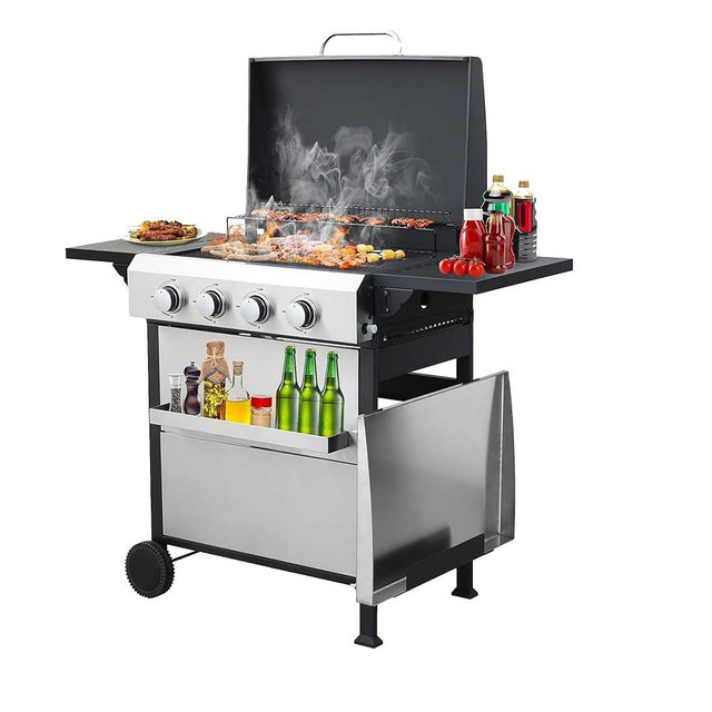 4-Burner Propane Gas BBQ Grill with Plate, 49200 BTU 2 in 1 Propane Griddle Grill Combo with 2 Foldable Side Table for Outdoor Cooking Camping Patio Backyard (4 burner +griddle)