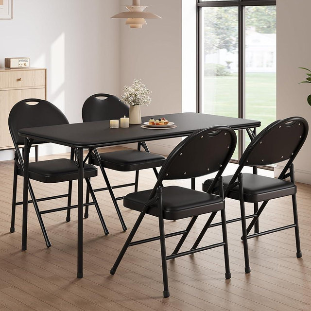 GAOMON 4 Pack Folding Card Chairs, Thickened Padded PU Cushion, Metal Legs and Non-Slip Feet Pads, Portable Stackable Commercial Seat for Events, Office, Wedding, Party, Black