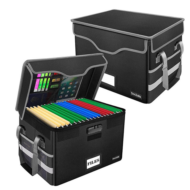 DocSafe File Box Fireproof Document Box with Lock,File Storage Organizer Box with Insert Pockets,Collapsible Portable File Box Home Office File Cabinet for Hanging Letter/Legal Folders,Black,2 Pack