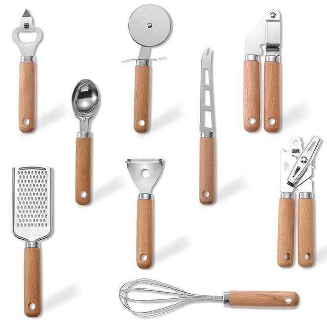 BRIIEC 9pcs Kitchen Gadget Set with Wooden Handle, Stainless Steel Cooking Tools Kitchen Accessories Pizza Cutter, Egg Whisk, Vegetable Peeler, Can Opener, Garlic Press