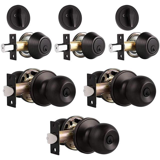 3 Pack Keyed Alike Entry Door Knob and Single Cylinder Deadbolt Lock Set Security for Entrance and Front Door, Exterior Door Lock Set with Deadbolt in Oil Rubbed Bronze Finish, Door Knob with Deadbolt