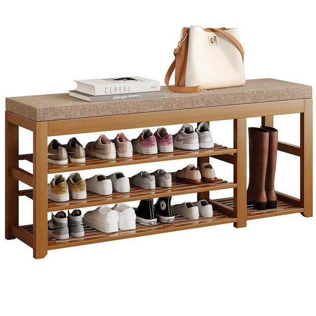 PETKABOO Shoe Rack Bench 47.2", 3 Tier Shoe Bench Entryway Bench with Cushion, Slim Shoe Storage Bench Shoe Rack for Entryway, Hallway, Bedroom, Living Room