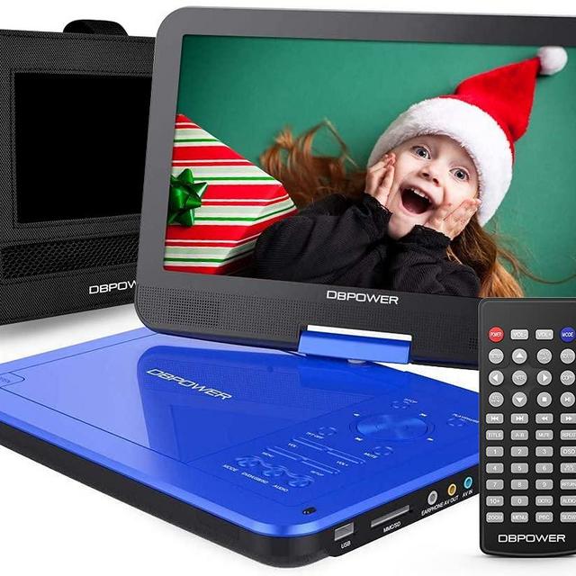 DBPOWER 12" Portable DVD Player with 5-Hour Rechargeable Battery, 10" Swivel Display Screen, SD / USB Port, with 1.8 Meter Car Charger, Power Adaptor and Car Headrest Mount, Region Free- Blue