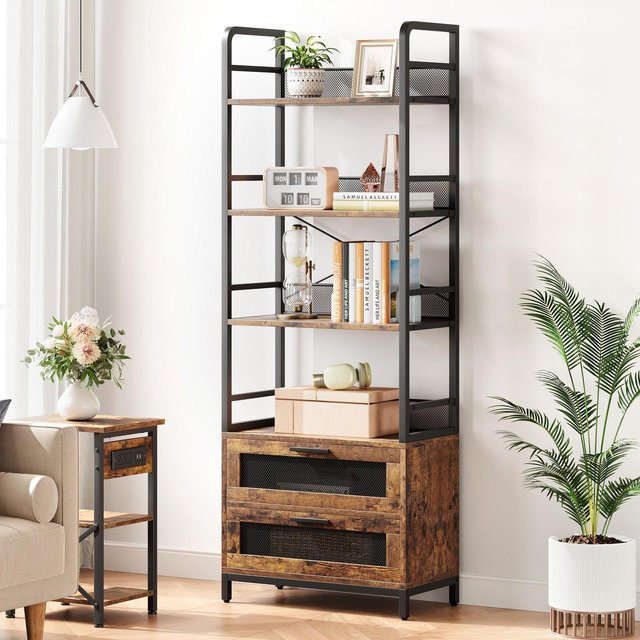 Bookshelf with Drawers Industrial Bookcase with 4 Tiers Open Storage Shelves Rustic Bookshelves 70.87" Tall Display Racks