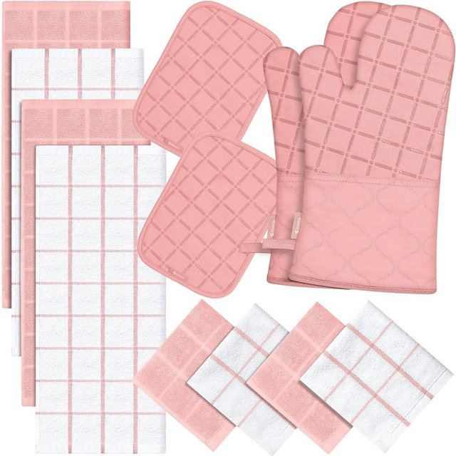 Oven Mitts Pot Holders Sets/Kitchen Towels and Dishcloths, Oven Gloves Kitchen Dish Towels 500 Degree Heat Resistant Potholders with Non-Slip Silicone Surface for Cooking, Grilling, Baking-PINK