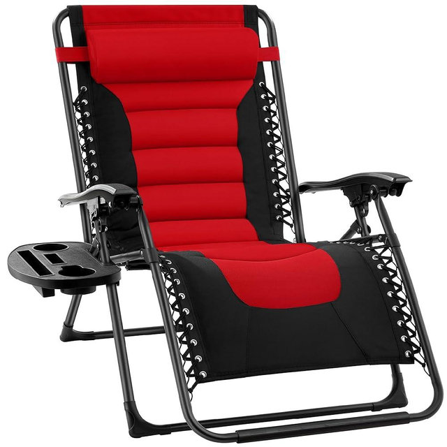Best Choice Products Oversized Padded Zero Gravity Chair, Folding Outdoor Patio Recliner, XL Anti Gravity Lounger for Backyard w/Headrest, Cup Holder, Side Tray, Polyester Mesh - Red