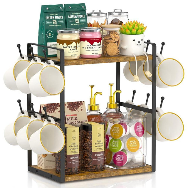 EsLuker.ly Coffee Station Bar Organizer Mug Holder Stand Countertop, 2 Tier Mug Cup Tree Rack for Kitchen Office, Storage Shelf with 12 Hooks, Creat Stylish Coffee Corner, Vintage Brown-Black