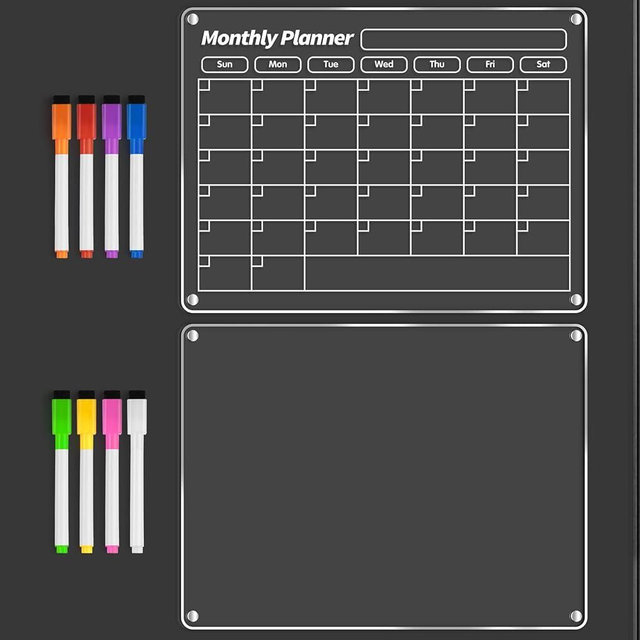 FINDMAG Acrylic Magnetic Dry Erase Board Calendar for Refrigerator, Magnetic Whiteboard for Fridge, 16"x12" Monthly Magnet Calendar for Refrigerator with 8 Colorful Highlight Markers