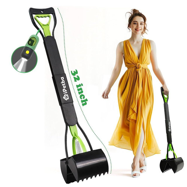 IPETBA 32" XL Dog Pooper Scoopers Include Dog Waste Bag Dispenser with Flashlight, No Bending Foldable Long Handle Portable Pet Poop Picker Upper Non-Breakable Durable Spring for Gravel Dirt Grass
