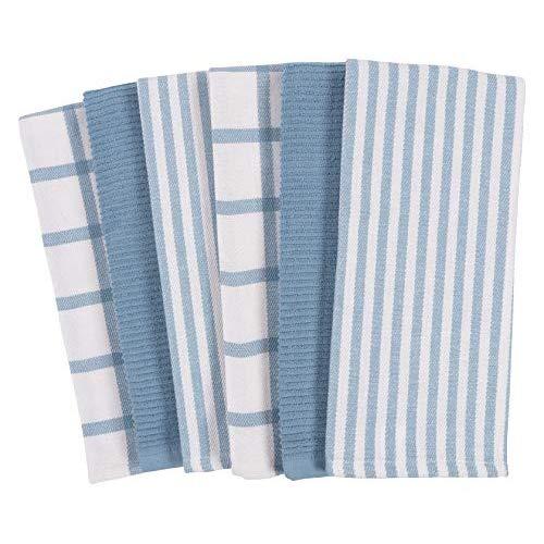 Mixed Flat & Terry Kitchen Towels | Set of 6 18 x 28 Inches | 4 Flat Weave Towels for Cooking and Drying Dishes and 2 Terry Towels, for House Cleaning and Tackling Messes and Spills (Faded Denim)