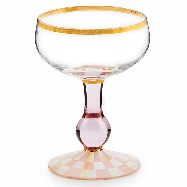 MACKENZIE-CHILDS Coupe Glass, Decorative Stemmed Cocktail Glass, 11 Ounces, Pink-and-White Rosy Check
