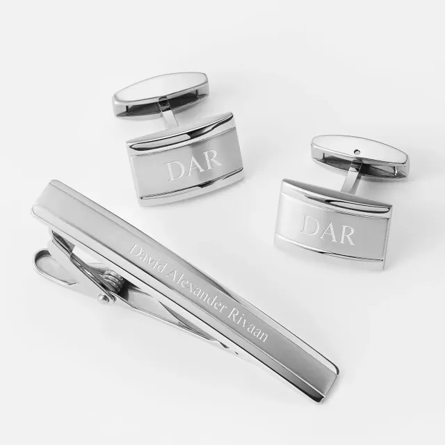 Engraved Steel Cufflinks and Tie Bar Set
