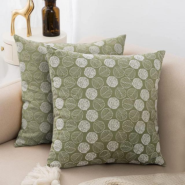 Decorative Pillow Covers Sage Green 18*18 Inch 2 Pack, Square Embroidered Fresh Leaf Pattern Design Farmhouse Pillow Cases Decro for Sofa Couch Bed
