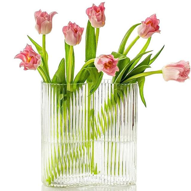 Aoderun Glass Vase for Flowers Modern Large Flower Vase Footprint Shape Ribbed Vase for Living Room Dining&Coffee Table Kitchen Office Home Shelf Wedding Party Decor
