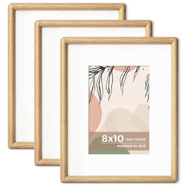 Axeman 8 x 10 Oak Frame Set of 3 - Rounded Corner 8x10 Picture Frame Matted to 5x7 - Oak Wood 8 x 10 Photo Frame with Tempered Glass for Wall Mount or Tabletop Display