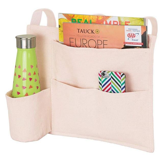 mDesign Bedside Hanging Storage Organizer Caddy Pocket - 4 Pockets - Heavy Weight Cotton Canvas, 3 Loops for Hanging on Bed Frame - Blush Pink