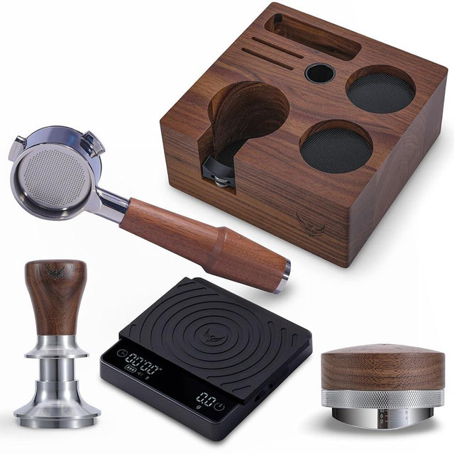 KNODOS 54mm Breville Espresso Machine Accessories Kit – Walnut Bottomless Portafilter, Spring Loaded Calibrated Tamper, Distribution Tool, Tamping Station & Espresso Scale with Timer