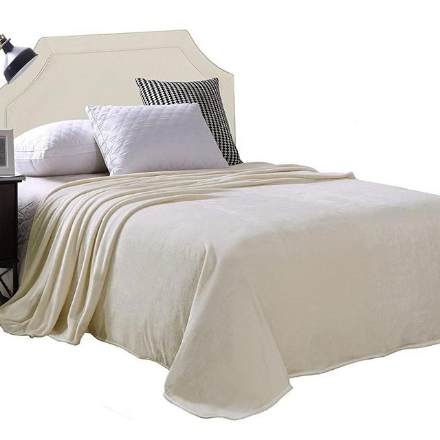 Exclusivo Mezcla Velvet Flannel Fleece Plush Queen Size Bed Blanket as Bedspread/Coverlet/Bed Cover (90" x 90", Ivory) - Soft, Lightweight, Warm and Cozy